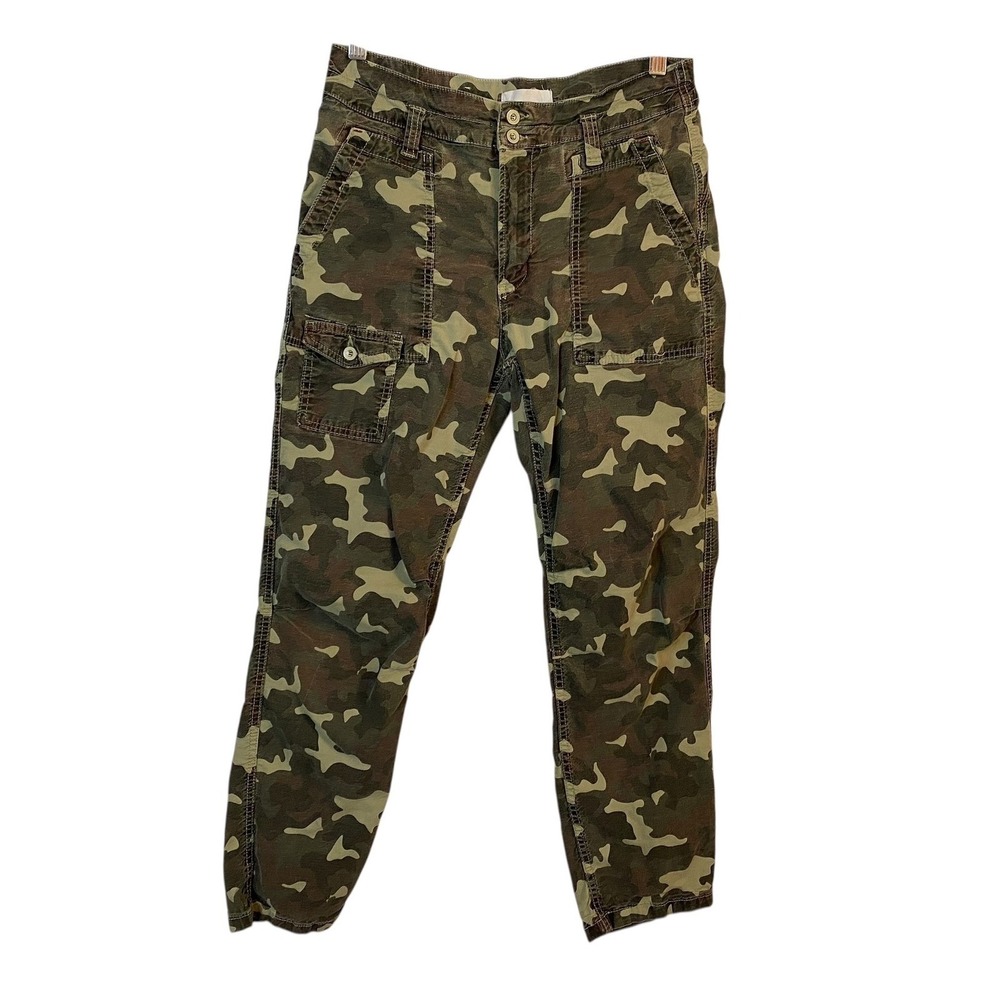 Anthropologie Linen Blend Cargo Pants Women's Size 29W 26L Army Green Camo